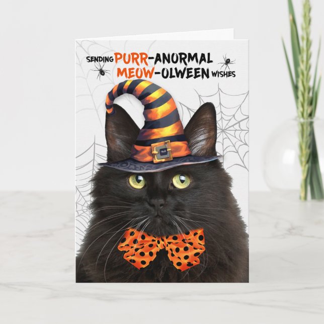 Tarjeta Festiva Gato de Halloween Fluffy Negro PURRparo anormal (Anverso)