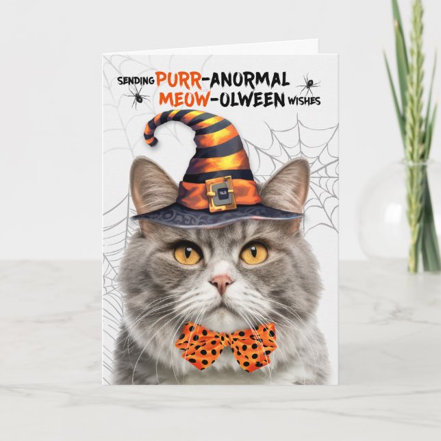 Tarjeta Festiva Gato de Halloween Gris con Mármol Gris PURRanormal (Anverso)