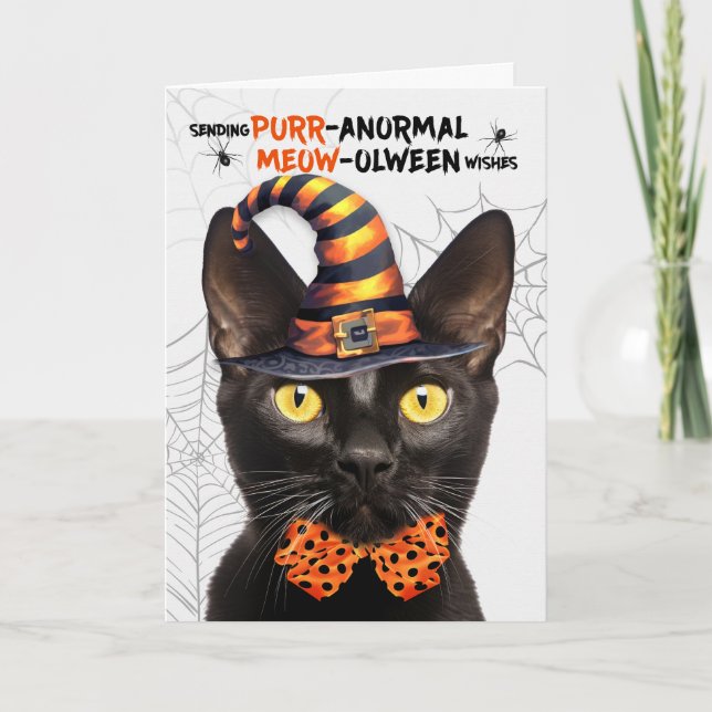 Tarjeta Festiva Gato de Halloween negro de Bombay PURRanormal MEOW (Anverso)