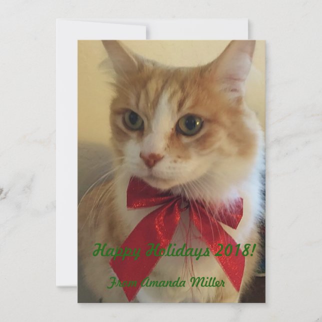 Tarjeta Festiva Gato de jengibre con Navidades de cinta roja (Anverso)