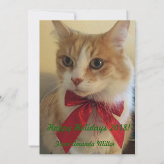 Tarjeta Festiva Gato de jengibre con Navidades de cinta roja