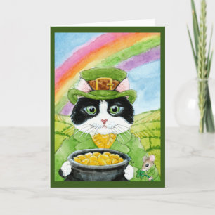 Tarjeta Festiva Gato de Leprechaun, ratón, día de San Paddy