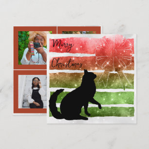 Tarjeta Festiva Gato de Navidad, bandas de rojo y verde plano bril