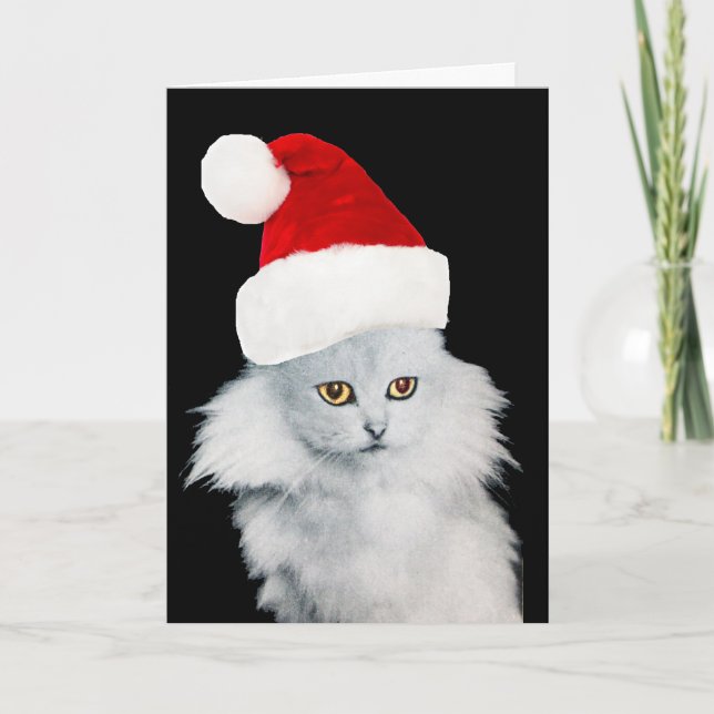 TARJETA FESTIVA GATO DE NAVIDADES BLANCOS CON GORRA DE SANTA CLAUS (Anverso)