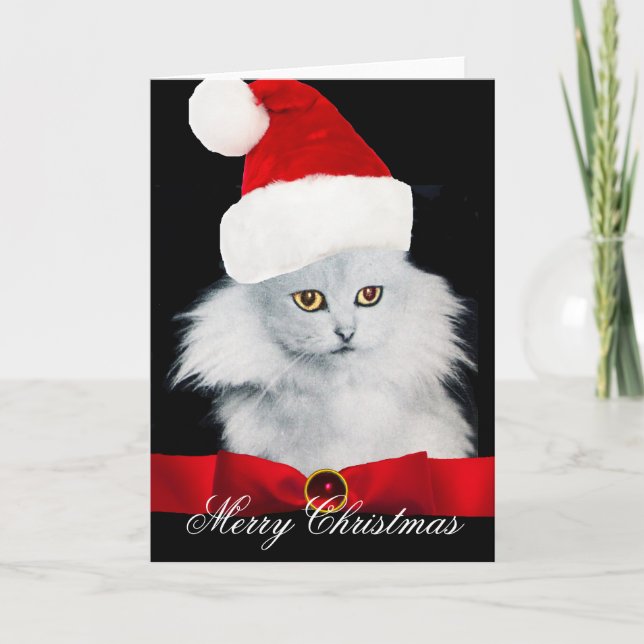 TARJETA FESTIVA GATO DE NAVIDADES BLANCOS CON GORRA DE SANTA CLAUS (Anverso)