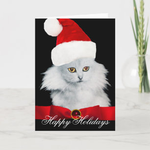 TARJETA FESTIVA GATO DE NAVIDADES BLANCOS CON GORRA DE SANTA CLAUS