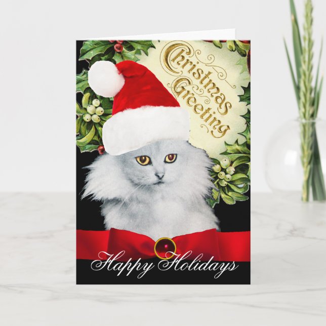 TARJETA FESTIVA GATO DE NAVIDADES BLANCOS CON GORRA DE SANTA CLAUS (Anverso)