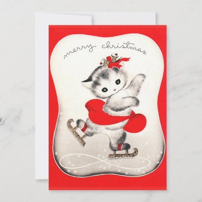 Tarjeta Festiva Gato de Navidades blancos de patinaje sobre hielo (Anverso)