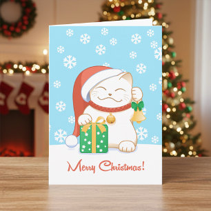 Tarjeta Festiva Gato de Navidades blancos en un Gorra rojo