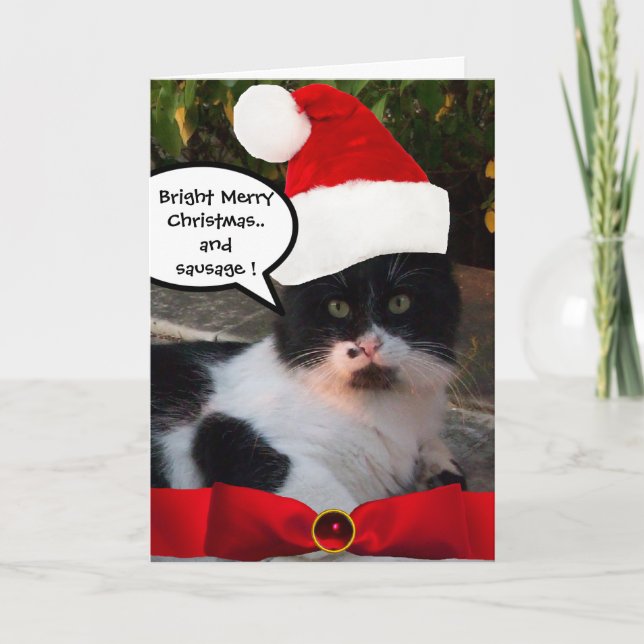 Tarjeta Festiva GATO DE navidades CON GORRA SANTA CLAUS Y RIBBON R (Anverso)