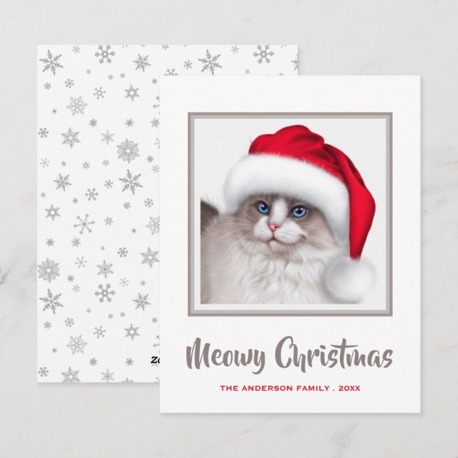 Tarjeta Festiva Gato de Navidades Cute Meowy y Santa Hat (Anverso / Reverso)