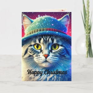 Tarjeta Festiva Gato de navidades en un Gorra - editable