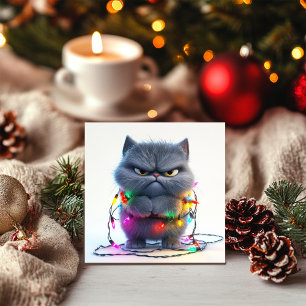 Tarjeta Festiva Gato de Navidades gruñidos con luces coloridas