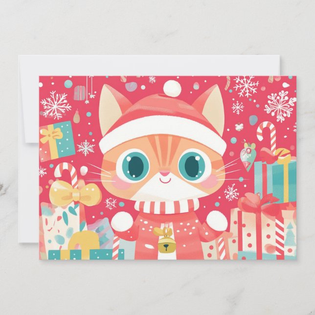 Tarjeta Festiva Gato de Navidades Kawaii Regalos Festejos de Nieve (Anverso)