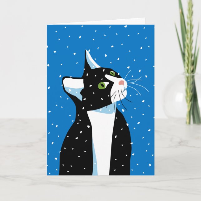 Tarjeta Festiva Gato de navidades mira los copos de nieve (Anverso)
