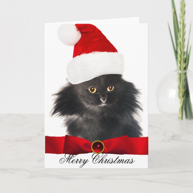 TARJETA FESTIVA GATO DE NAVIDADES NEGROS CON GORRA DE SANTA CLAUS (Anverso)