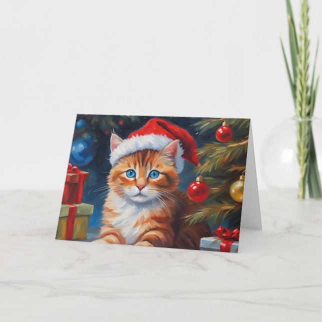 Tarjeta Festiva Gato de Navidades, ornamentos (Anverso)