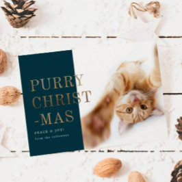 Tarjeta Festiva Gato de Navidades Púrpura Foto Oro Verde Profundo