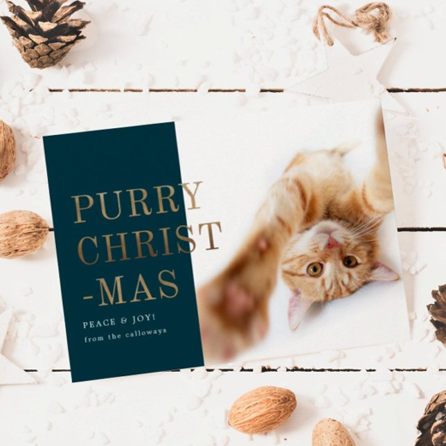 Tarjeta Festiva Gato de Navidades Púrpura Foto Oro Verde Profundo (Subido por el creador)