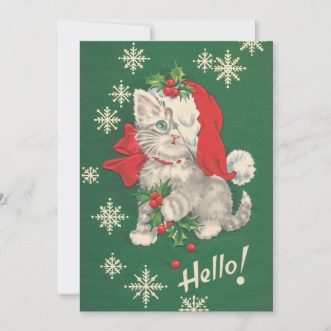 Tarjeta Festiva Gato de Navidades rojos verdes de época (Anverso)