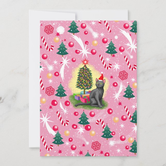 Tarjeta Festiva Gato de Navidades rosados (Anverso)