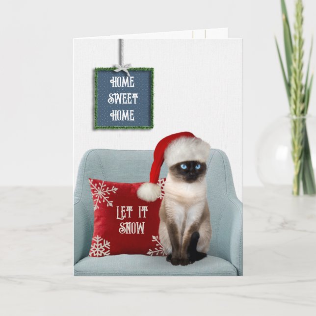 Tarjeta Festiva Gato de Navidades siameses en la presidencia (Anverso)