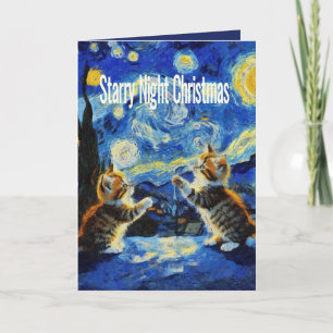 Tarjeta Festiva Gato de Noche Estrellada Burla Navideña de Kittyma