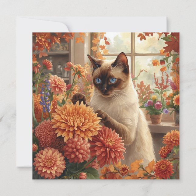 Tarjeta Festiva Gato de otoño con flores - Acción de Gracias de ot (Anverso)