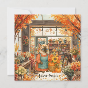 Tarjeta Festiva Gato de otoño con flores - Saludo de temporada de