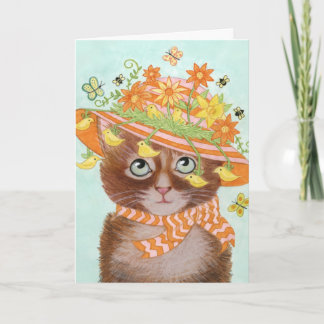 Tarjeta Festiva Gato de Pascua en el capo de Pascua con las