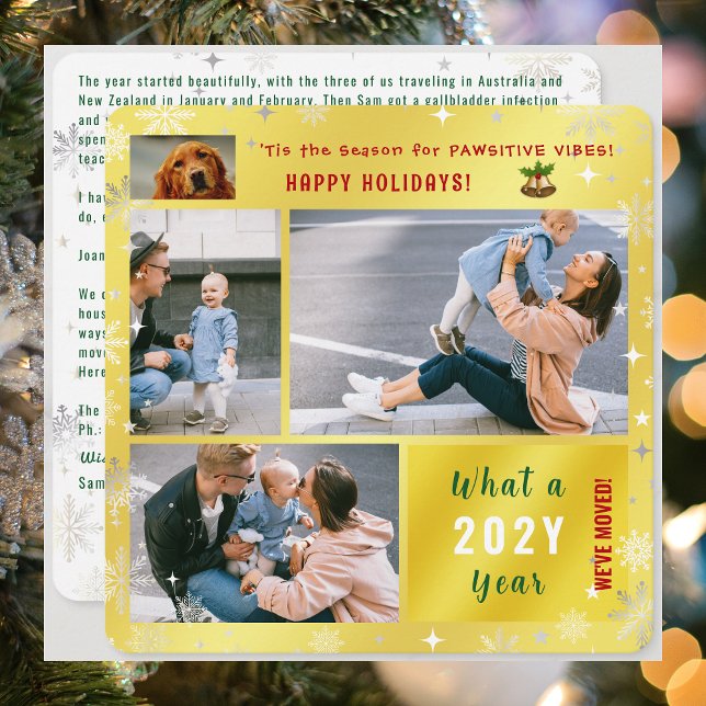 Tarjeta Festiva Gato de perro gracioso que hemos movido 4 fotos el (Funny Dog with Pawsitive Vibes We've Moved Holidays Card. 4 Photos. Elegant modern cute. Snowflakes)