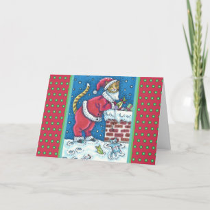 TARJETA FESTIVA GATO DE SANTA CLAWS EN LA AZOTEA TRAER REGALOS, DI