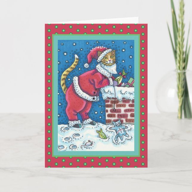 TARJETA FESTIVA GATO DE SANTA CLAWS EN LA AZOTEA TRAER REGALOS, DI (Anverso)