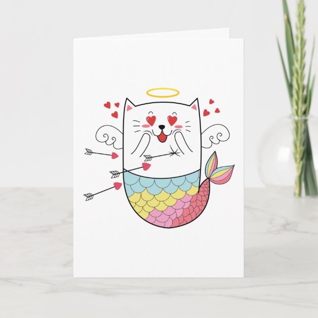 Tarjeta Festiva Gato de sirena lindo Valentín personalizado (Anverso)