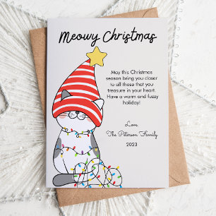 Tarjeta Festiva Gato de sombrero y Amante de las mascotas de luces