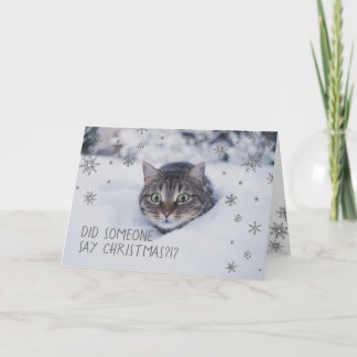 Tarjeta Festiva Gato de Tabby en copos de nieve blancos