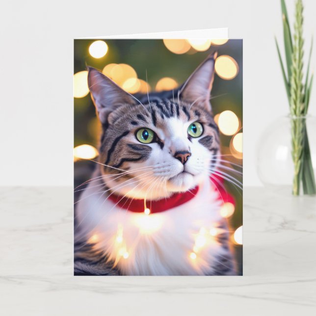 Tarjeta Festiva Gato De Tabby En Luces De Vacaciones (Anverso)