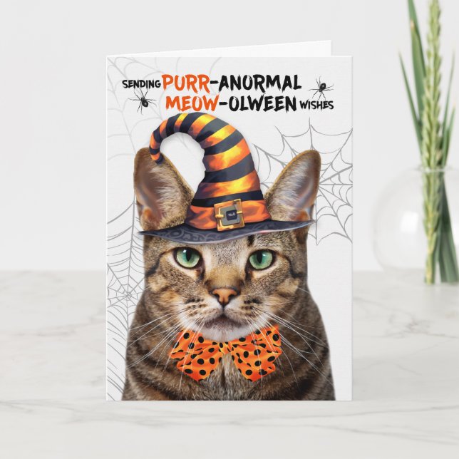 Tarjeta Festiva Gato de Tabby marrón Halloween PURRmediar anormal (Anverso)