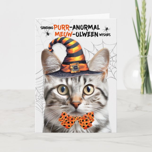 Tarjeta Festiva Gato de Tabby Plateado PURRolween anormal (Anverso)