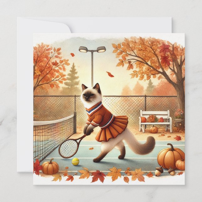 Tarjeta Festiva Gato de tenis de otoño con flores (Anverso)