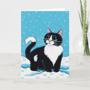 Tarjeta Festiva Gato de Tuxedo de pie sobre la rodilla en pintura