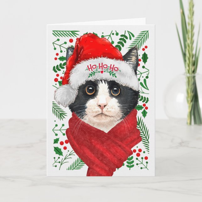 Tarjeta Festiva Gato de Tuxedo en Navidades de Santa Hat Meowy (Anverso)