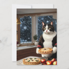 Tarjeta Festiva Gato de Tuxedo sosteniendo un pie de Navidades