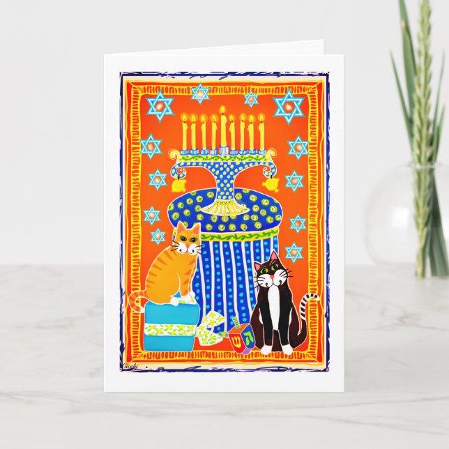 Tarjeta Festiva Gato de Tuxedo y Tabby celebran Hanukkah (Anverso)