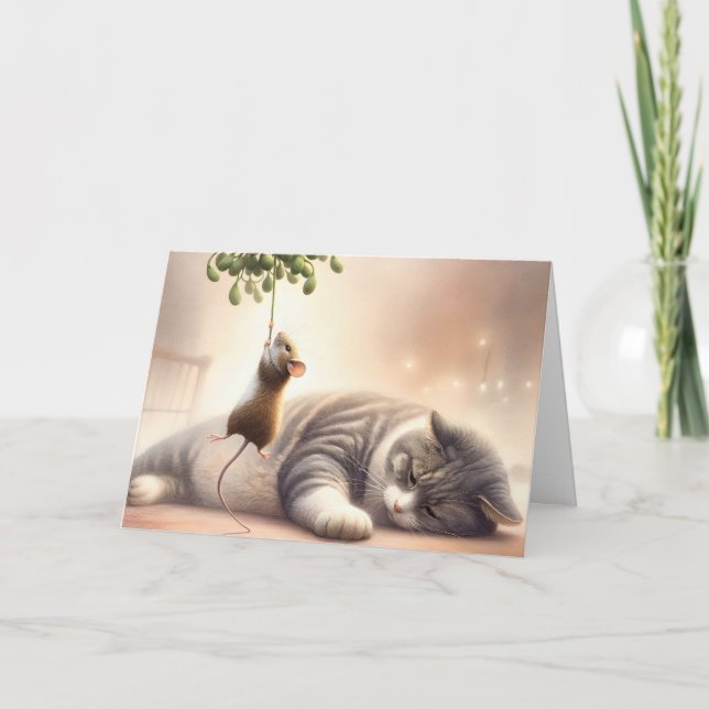 Tarjeta Festiva Gato del ratón bajo el mistletoe (Anverso)