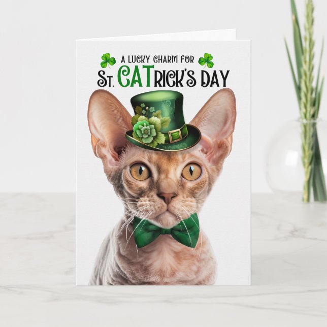 Tarjeta Festiva Gato Devon Rex St CATrick's Day Amuleto de la Suer (Anverso)