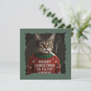 Tarjeta Festiva Gato divertido fumando en Navidad, meme sarcástico
