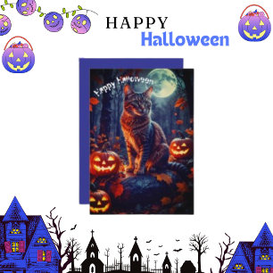 Tarjeta Festiva Gato divertido lindo de Halloween calabaza