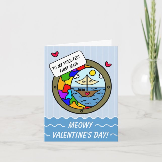Tarjeta Festiva Gato dulce Adventure Sailboat Valentine (Anverso)