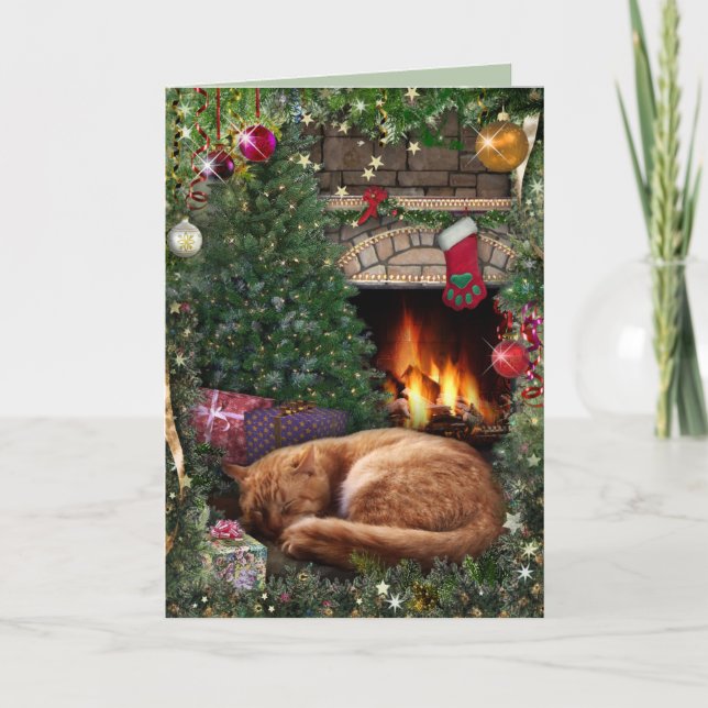 Tarjeta Festiva Gato durmiendo junto a la chimenea en Navidades (Anverso)